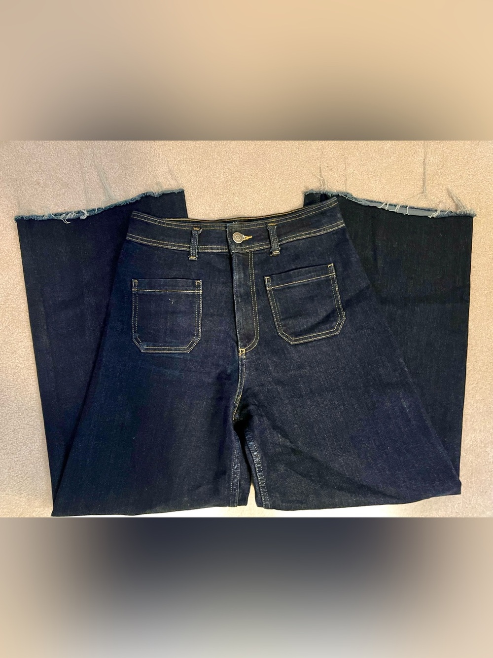 Zara Dark Indigo Wide Leg Jeans with Raw Hem
